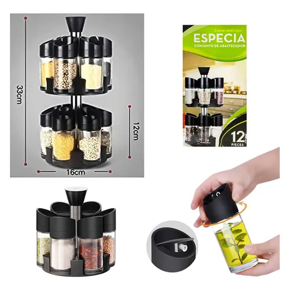 SET DE 12 ESPECIEROS CONDIMENTEROS DE VIDRIO 2 NIVELES CON BASE GIRATORIO 