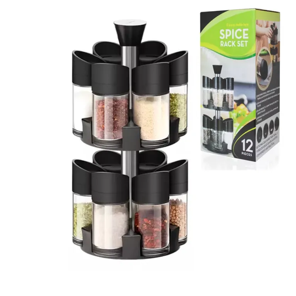 SET DE 12 ESPECIEROS CONDIMENTEROS DE VIDRIO 2 NIVELES CON BASE GIRATORIO 