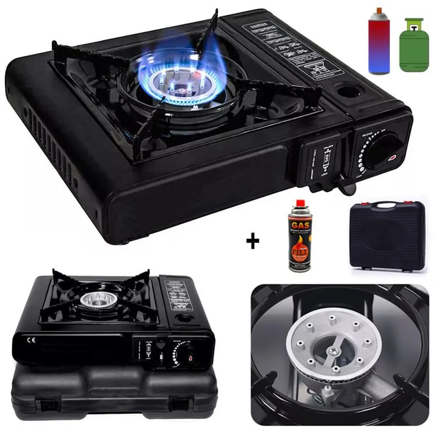 COCINILLA PORTÁTIL A GAS DUAL CAMPING CON MALETA  2