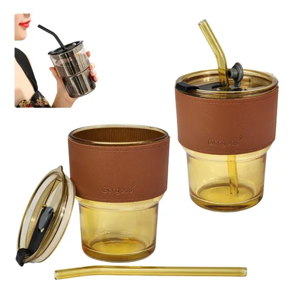 VASO DE VIDRIO CON FUNDA + BOMBILLA 