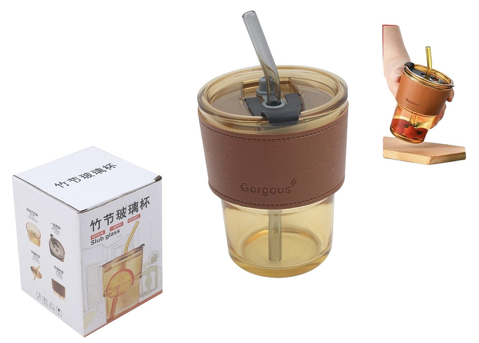 VASO DE VIDRIO CON FUNDA + BOMBILLA  4