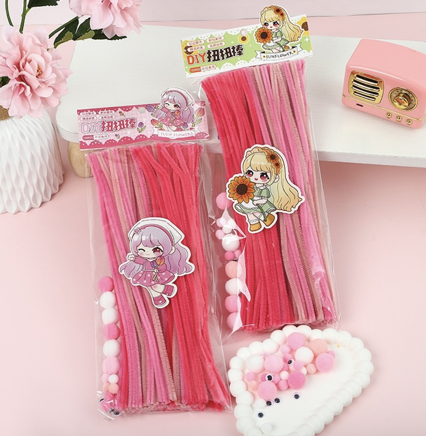 LIMPIA PIPAS DE 30CM PAQUETE DE 50 UNIDADES + OJITOS Y POMPONCITOS 4