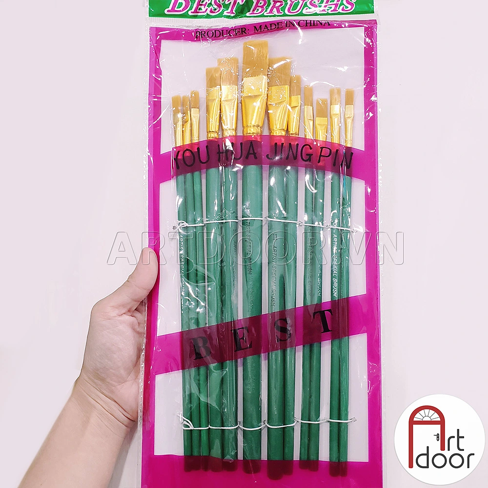 SET 12 PINCELES PLANOS ARTÍSTICOS COLOR VERDE