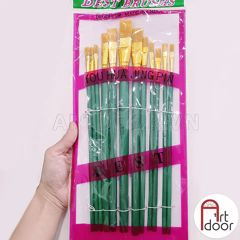 SET 12 PINCELES PLANOS ARTÍSTICOS COLOR VERDE