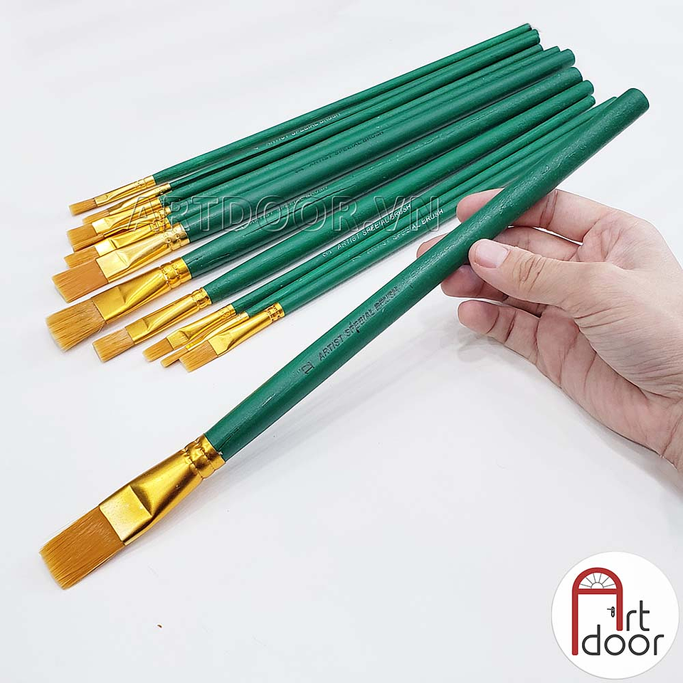 SET 12 PINCELES PLANOS ARTÍSTICOS COLOR VERDE 3