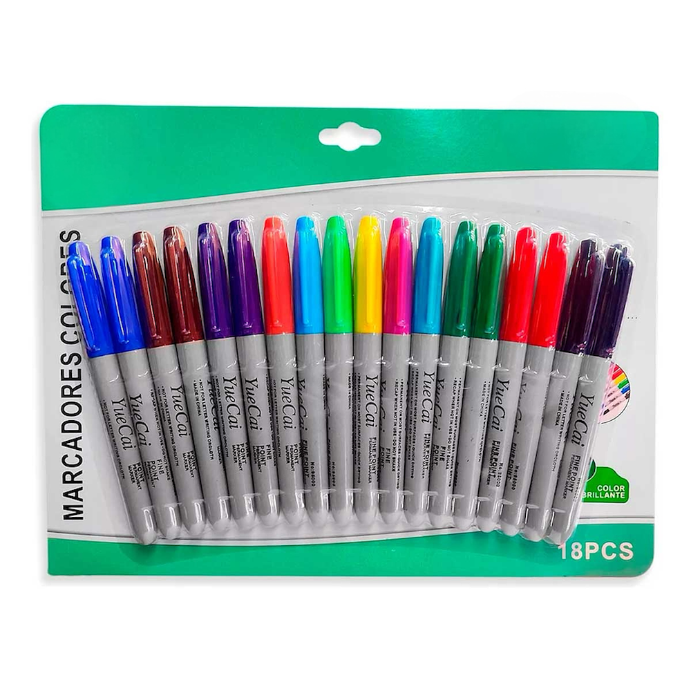 SET 18 MARCADORES PERMANENTES PUNTA GRUESA YUECAI COLORES