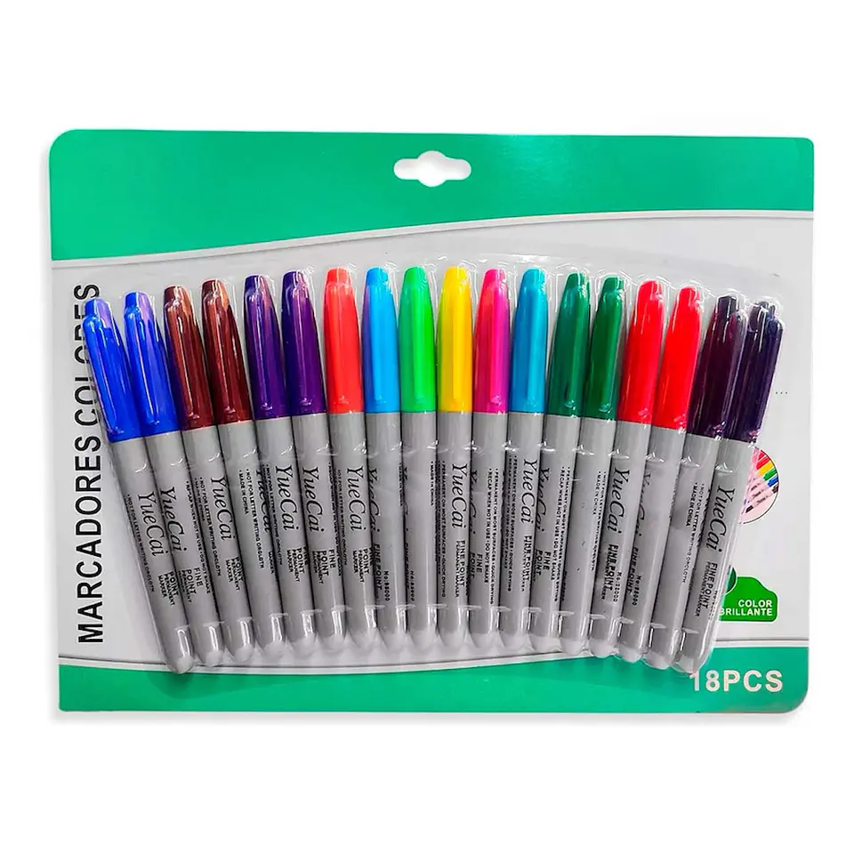 SET 18 MARCADORES PERMANENTES PUNTA GRUESA YUECAI COLORES 5