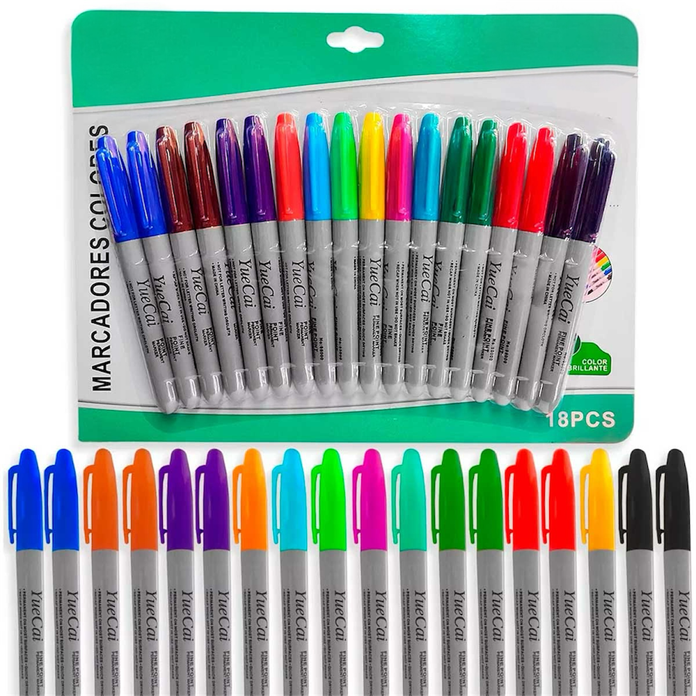 SET 18 MARCADORES PERMANENTES PUNTA GRUESA YUECAI COLORES