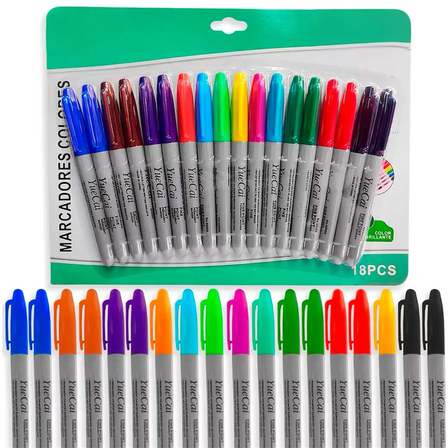 SET 18 MARCADORES PERMANENTES PUNTA GRUESA YUECAI COLORES 1
