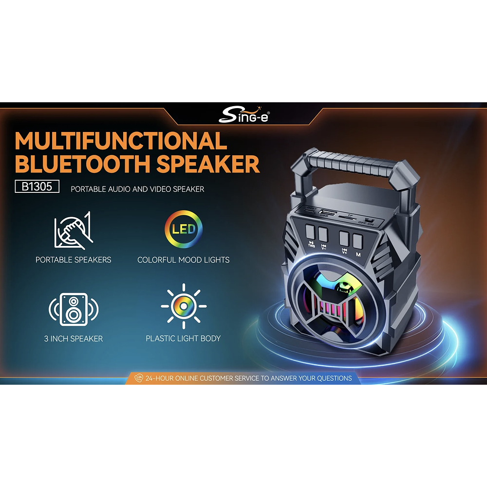 MINI PARLANTE PORTÁTIL BLUETOOTH SING-E BT1305 LUCES MULTICOLOR 