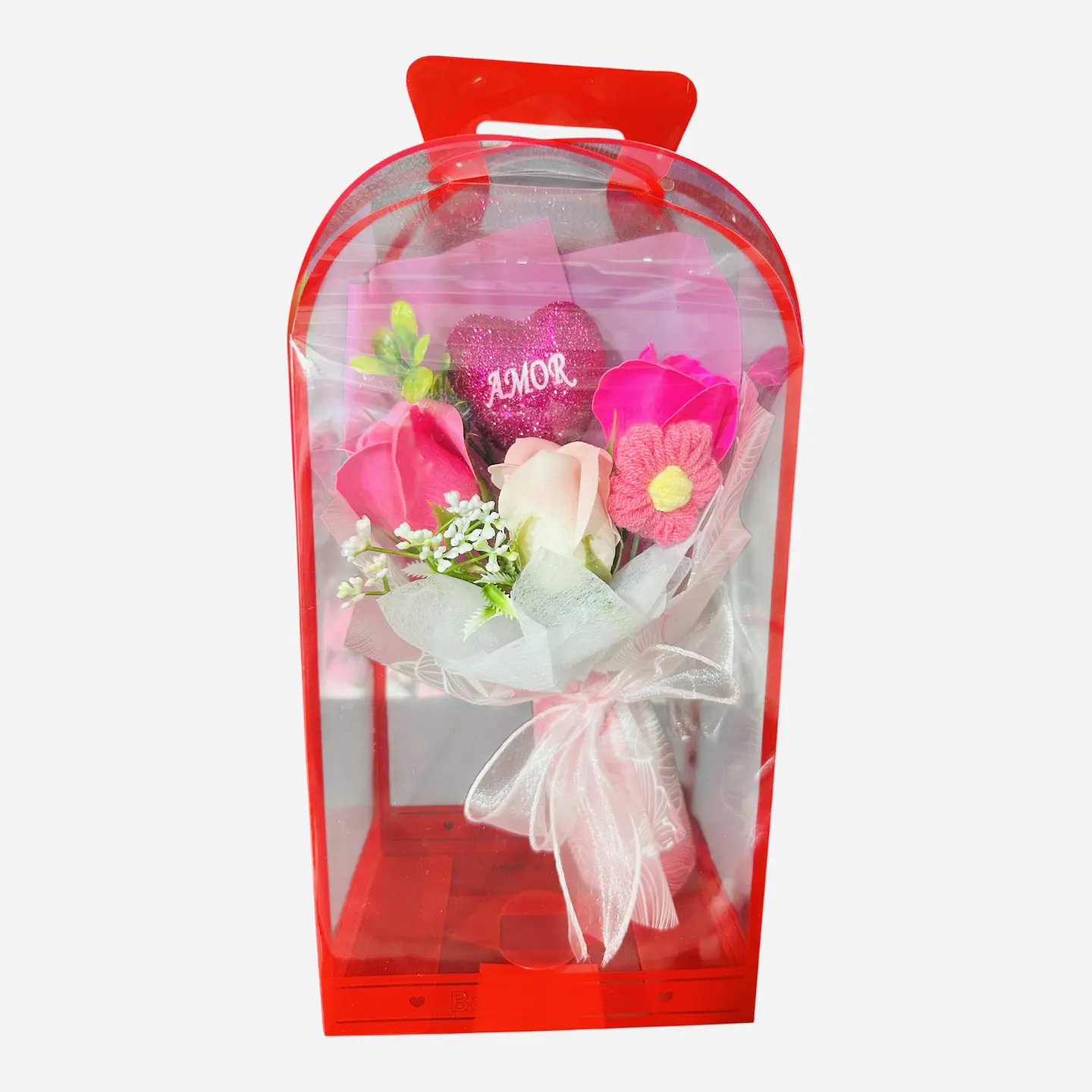 RAMO ROSAS CORAZON Y FLOR CROCHET EN CAJITA  1