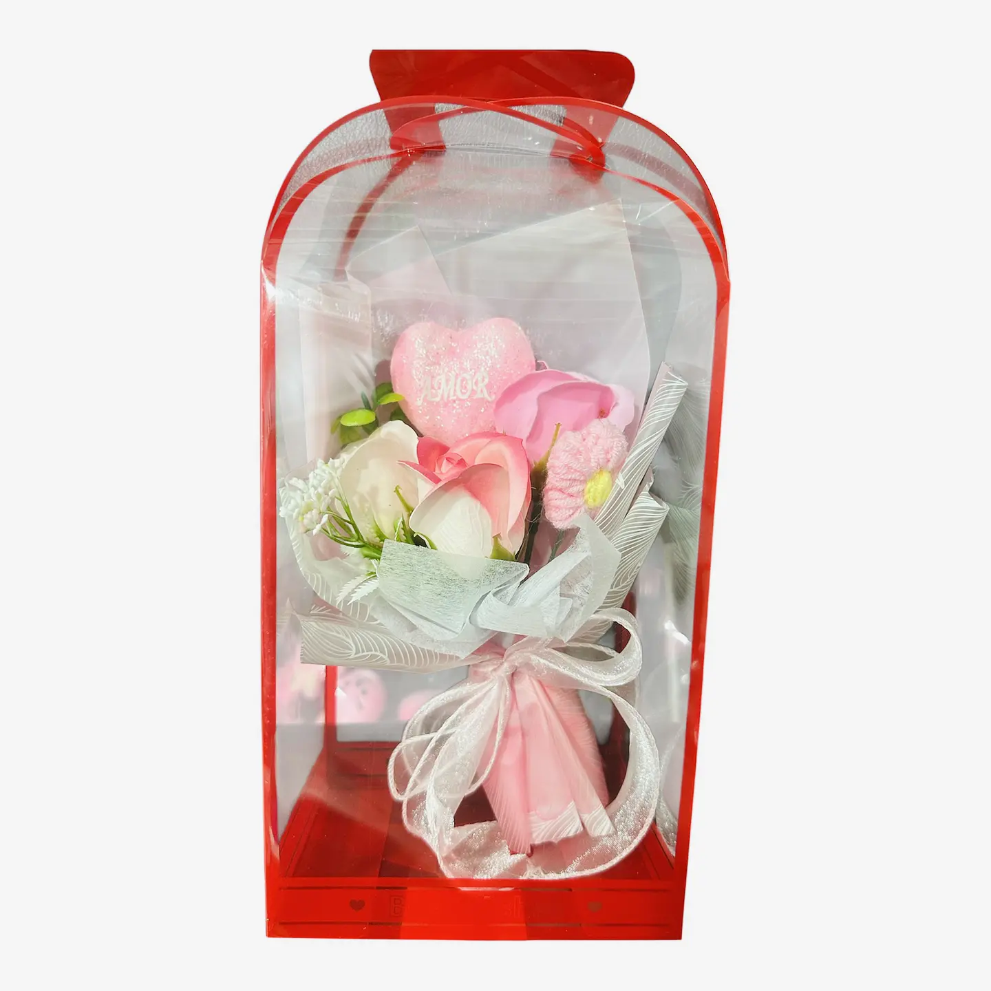 RAMO ROSAS CORAZON Y FLOR CROCHET EN CAJITA  2