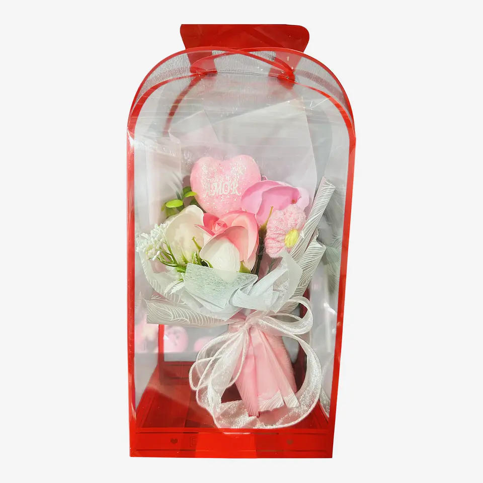 RAMO ROSAS CORAZON Y FLOR CROCHET EN CAJITA  2