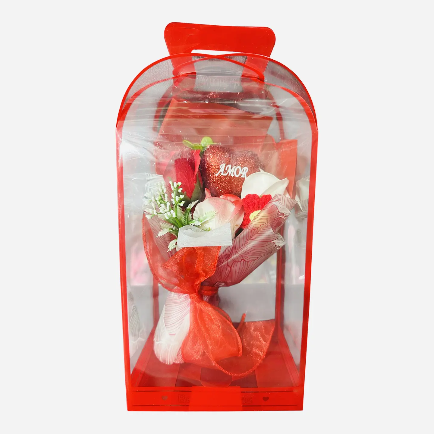 RAMO ROSAS CORAZON Y FLOR CROCHET EN CAJITA  3