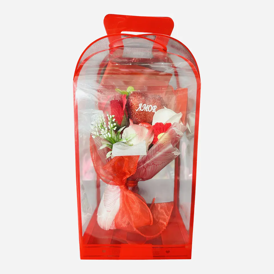 RAMO ROSAS CORAZON Y FLOR CROCHET EN CAJITA  3