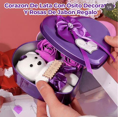 DETALLE OSITO CORAZON LATA CON ROSAS DE JABON 