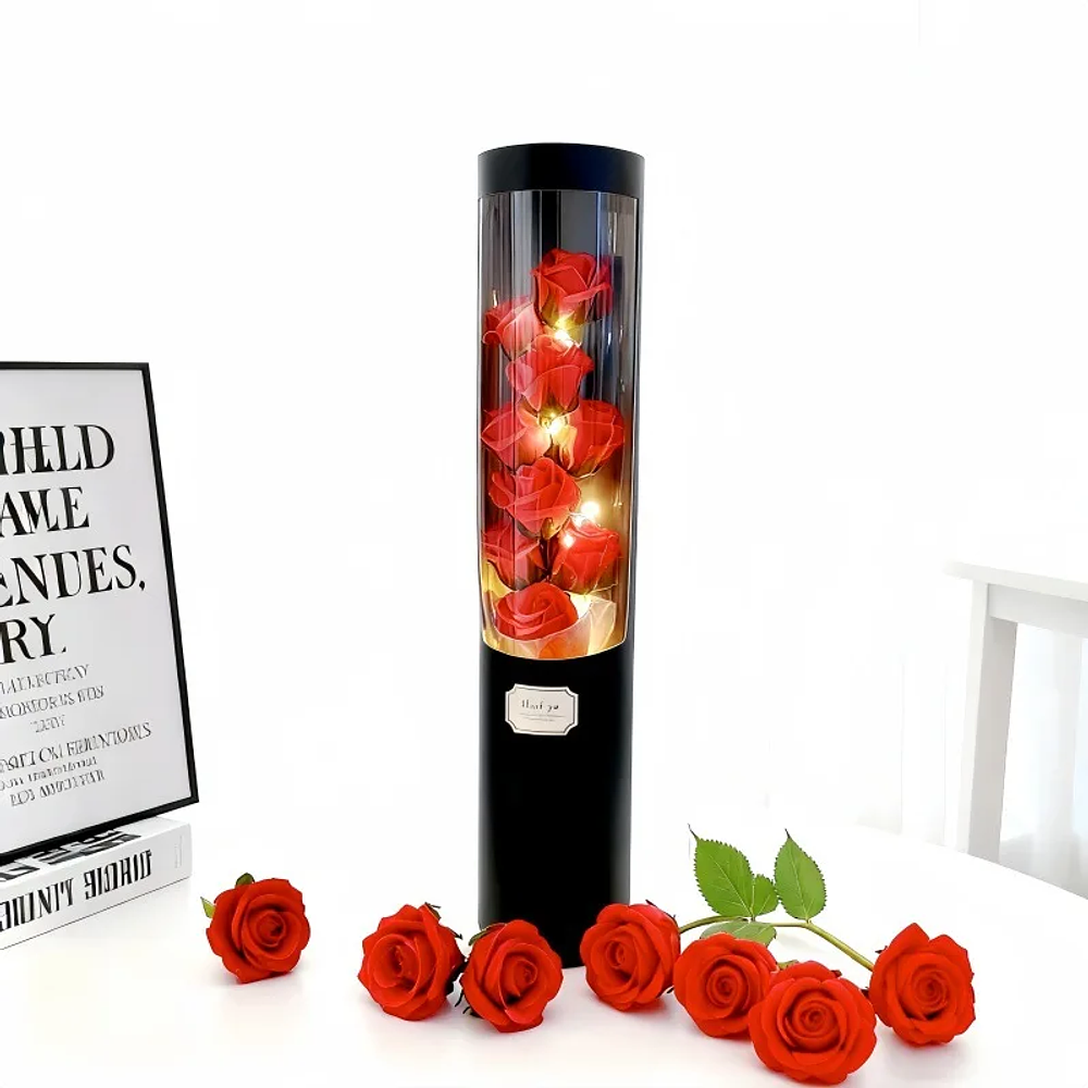 RAMO DE ROSAS CON LUCES EN CAJITA 40x10CM