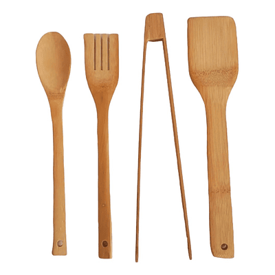 SET UTENSILIOS CON PINZA DE BAMBU EN MALLA BLANCA 