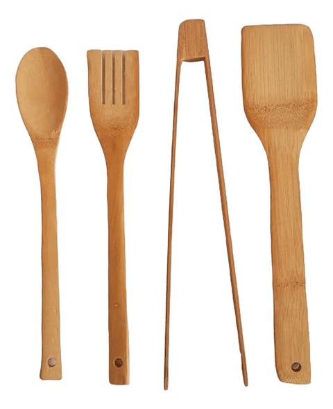 SET UTENSILIOS CON PINZA DE BAMBU EN MALLA BLANCA 
