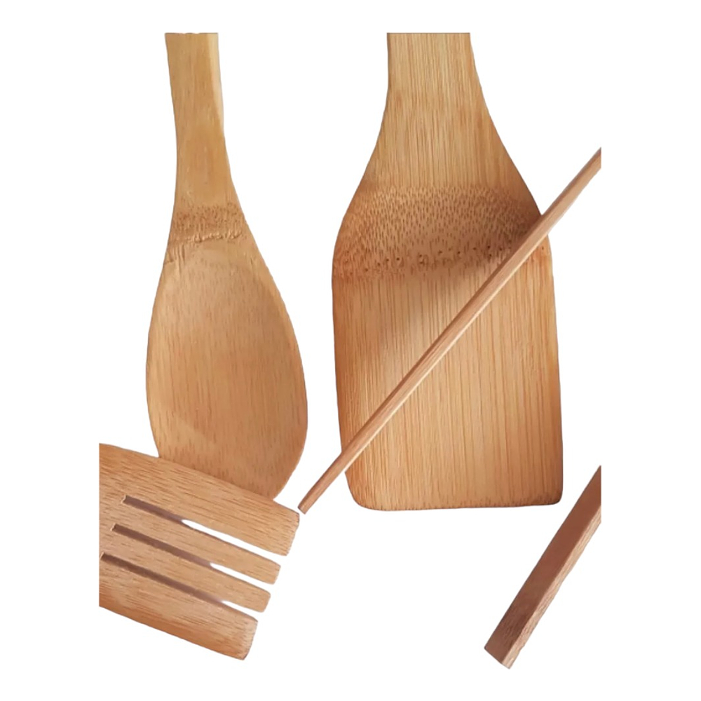 SET UTENSILIOS CON PINZA DE BAMBU EN MALLA BLANCA 