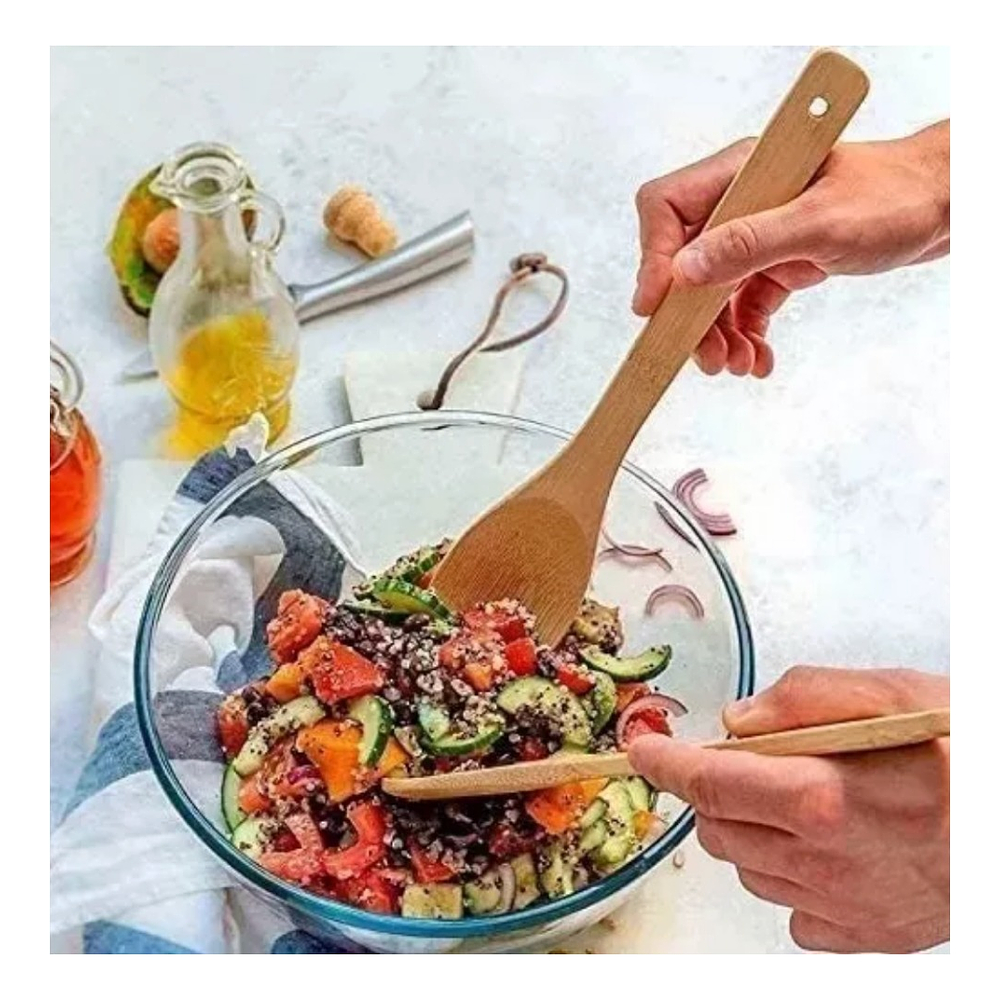 SET UTENSILIOS CON PINZA DE BAMBU EN MALLA BLANCA 