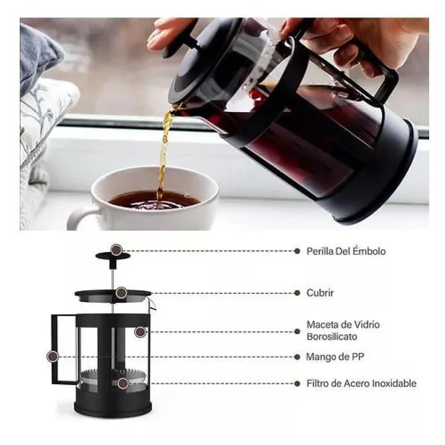 CAFETERA FRANCESA 350ML PRENSA FRANCESA ESPUMADORA 3