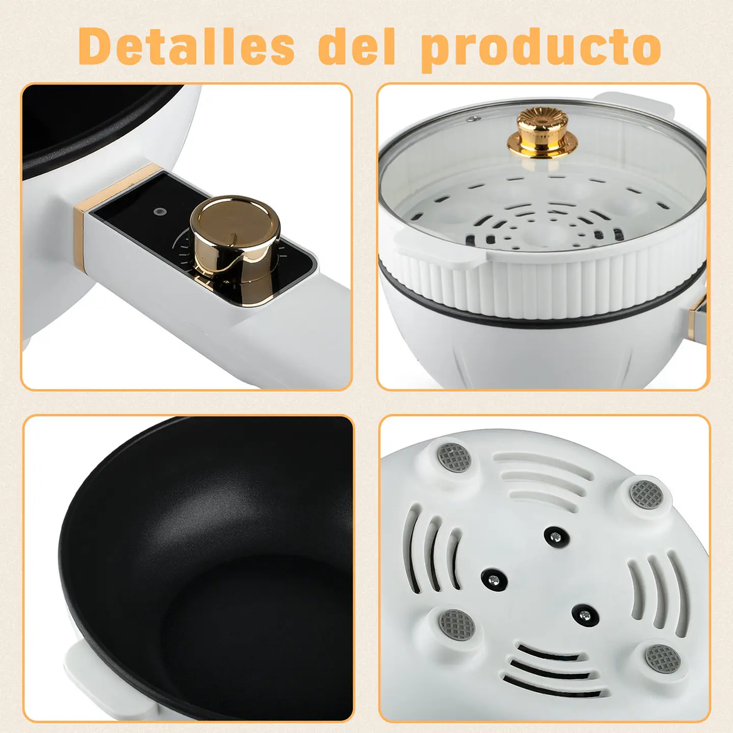 OLLA ELECTRICA VAPORERA MULTIFUNCIONAL SARTEN ANTIADHERENTE BLANCO 60 8