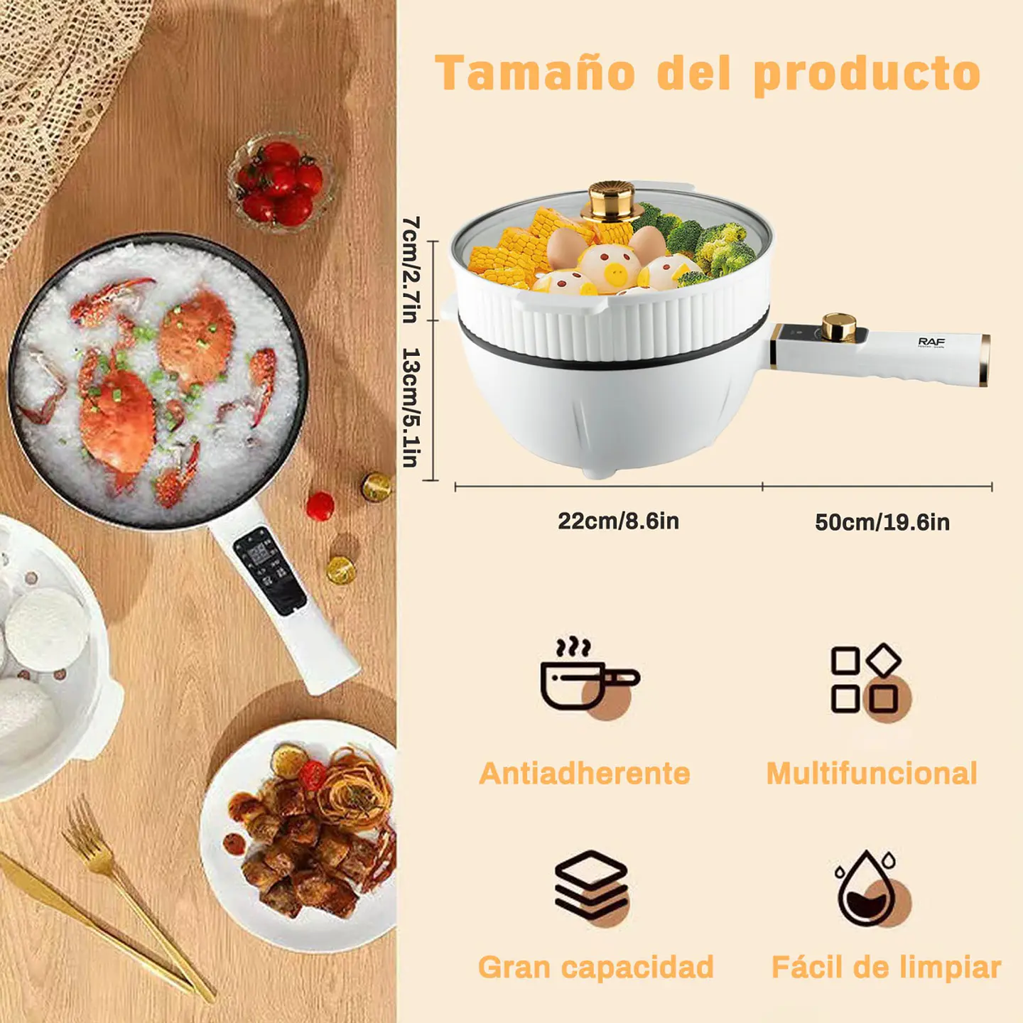 OLLA ELECTRICA VAPORERA MULTIFUNCIONAL SARTEN ANTIADHERENTE BLANCO 60 9