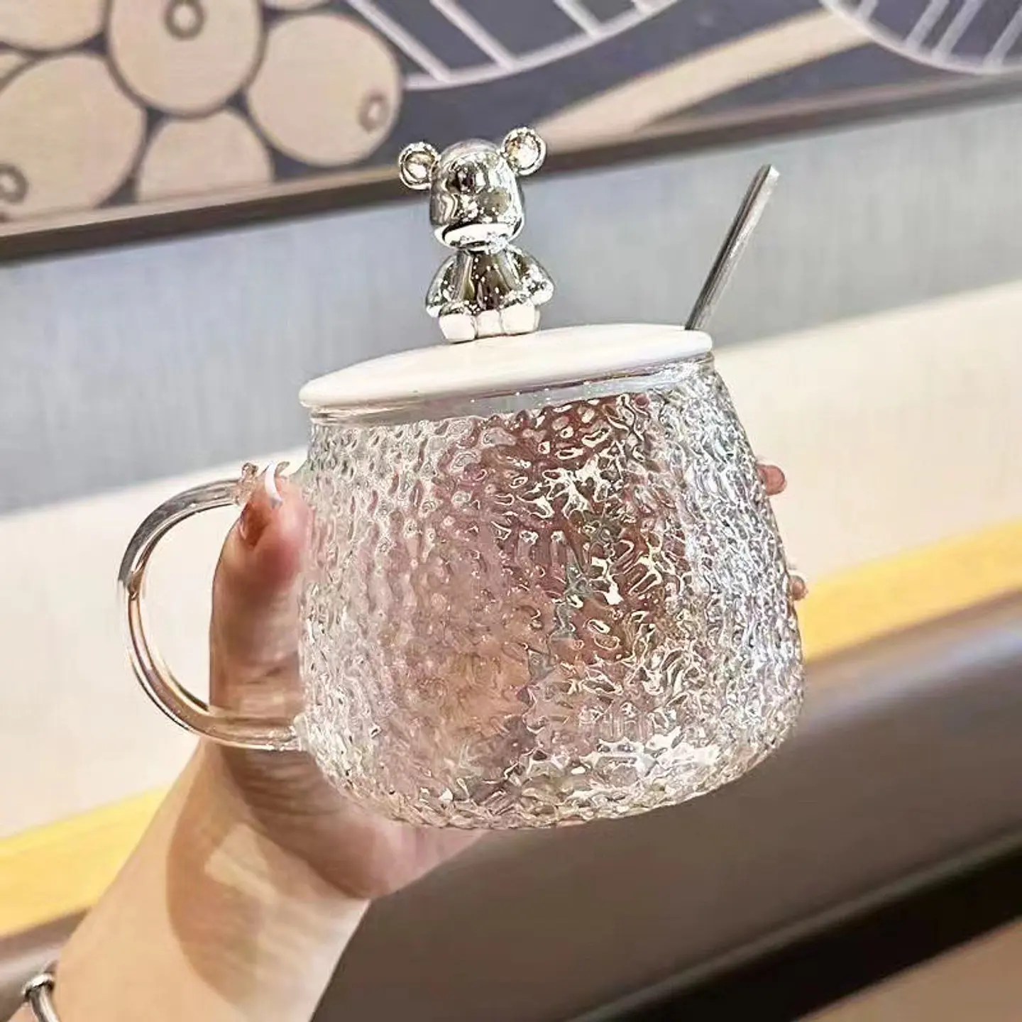 TAZA VIDRIO KAWAI OSITO + CUCHARITA - POR MAYOR 2