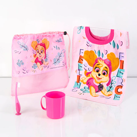 SET TOALLA ALGODON, CEPILLO, TAZA Y BOLSO PAW PATROL SKYE DISNEY ORIGINAL- POR MAYOR