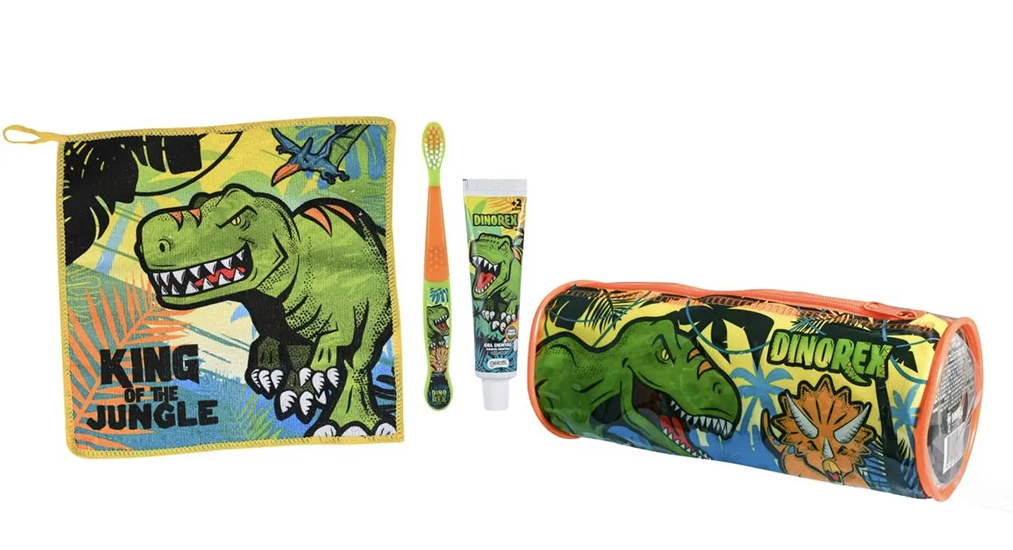 SET PASTA DE DIENTES + CEPILLO + TOALLA CON DISEÑO DINOSAURIO- POR MAYOR 1
