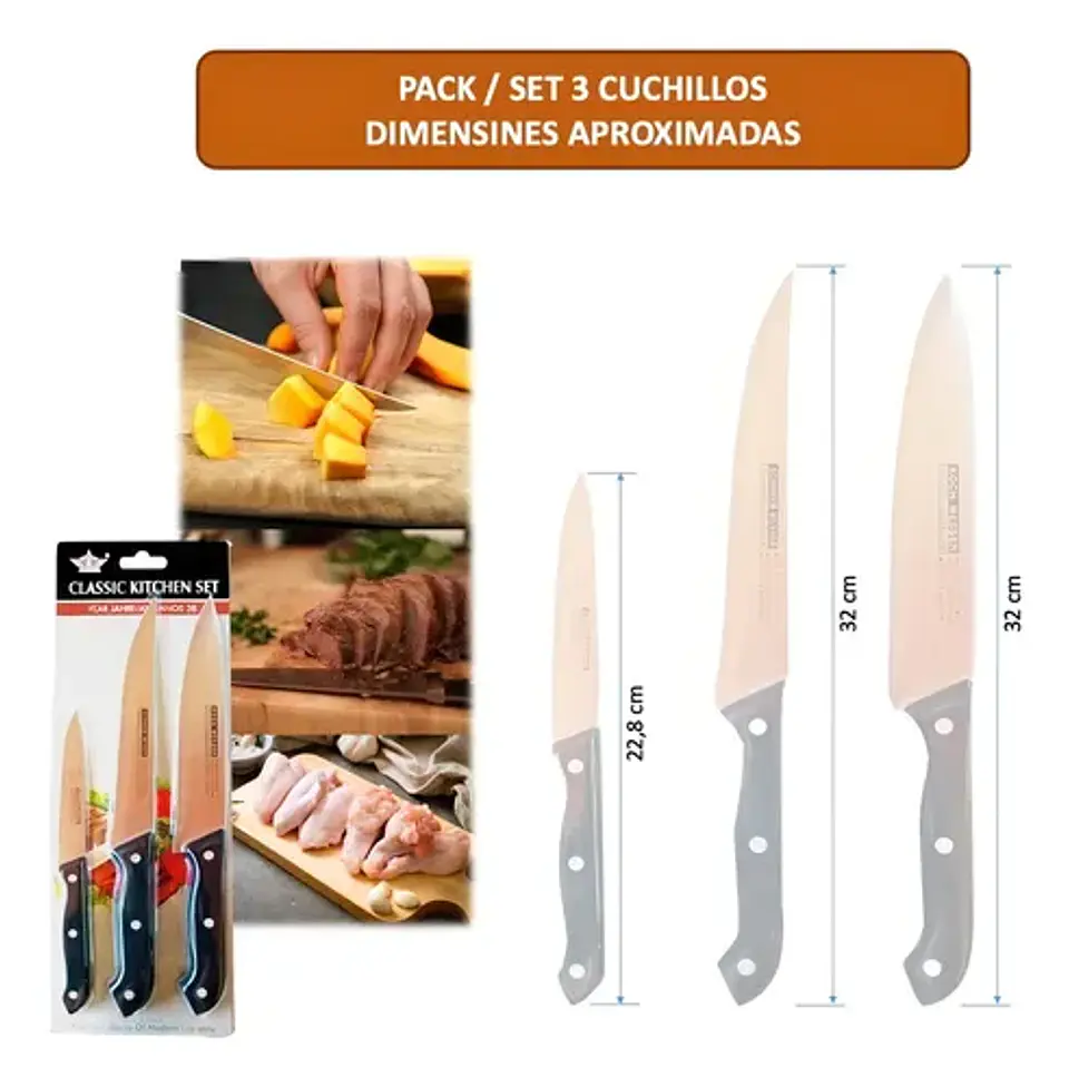 SET DE CUCHILLOS DE ACERO INOXIDABLE PQT 3 PZS- POR MAYOR 2