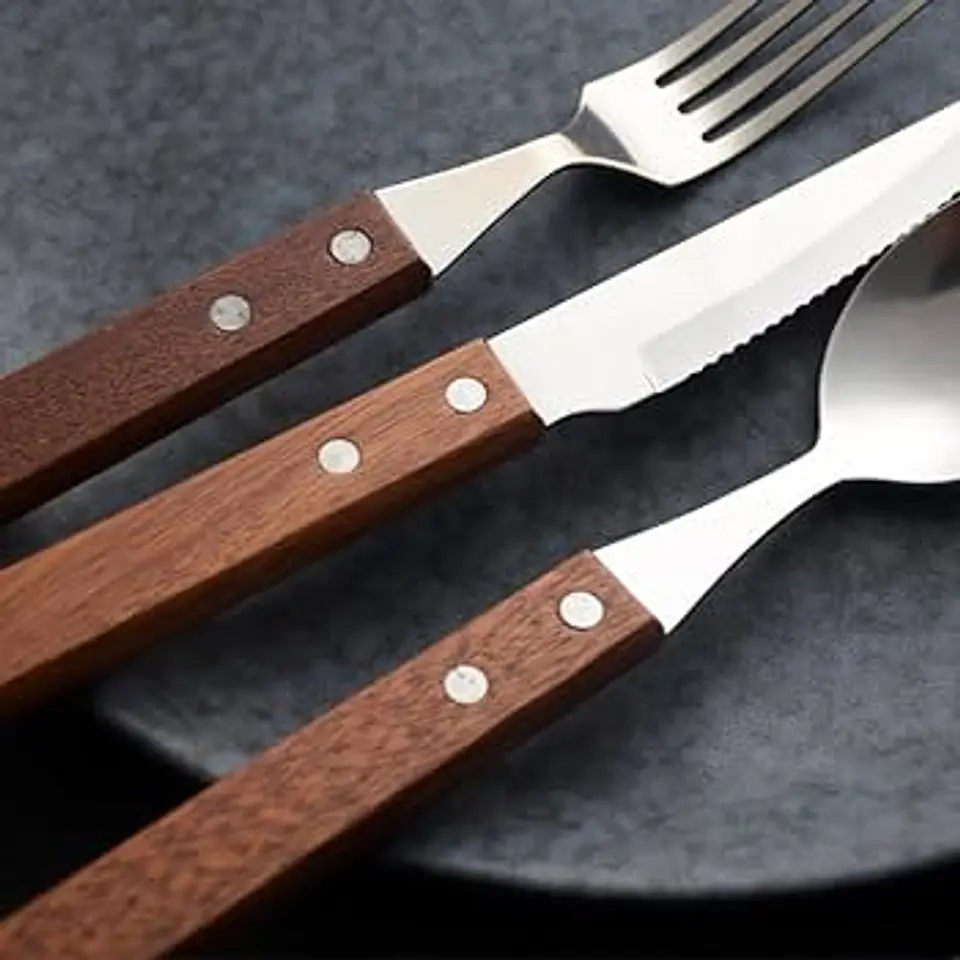 SET DE 3 PIEZAS CUCHARA, TENEDOR Y CUCHILLO DE ACERO INODIDABLE MANGO DE MADERA- POR MAYOR 3