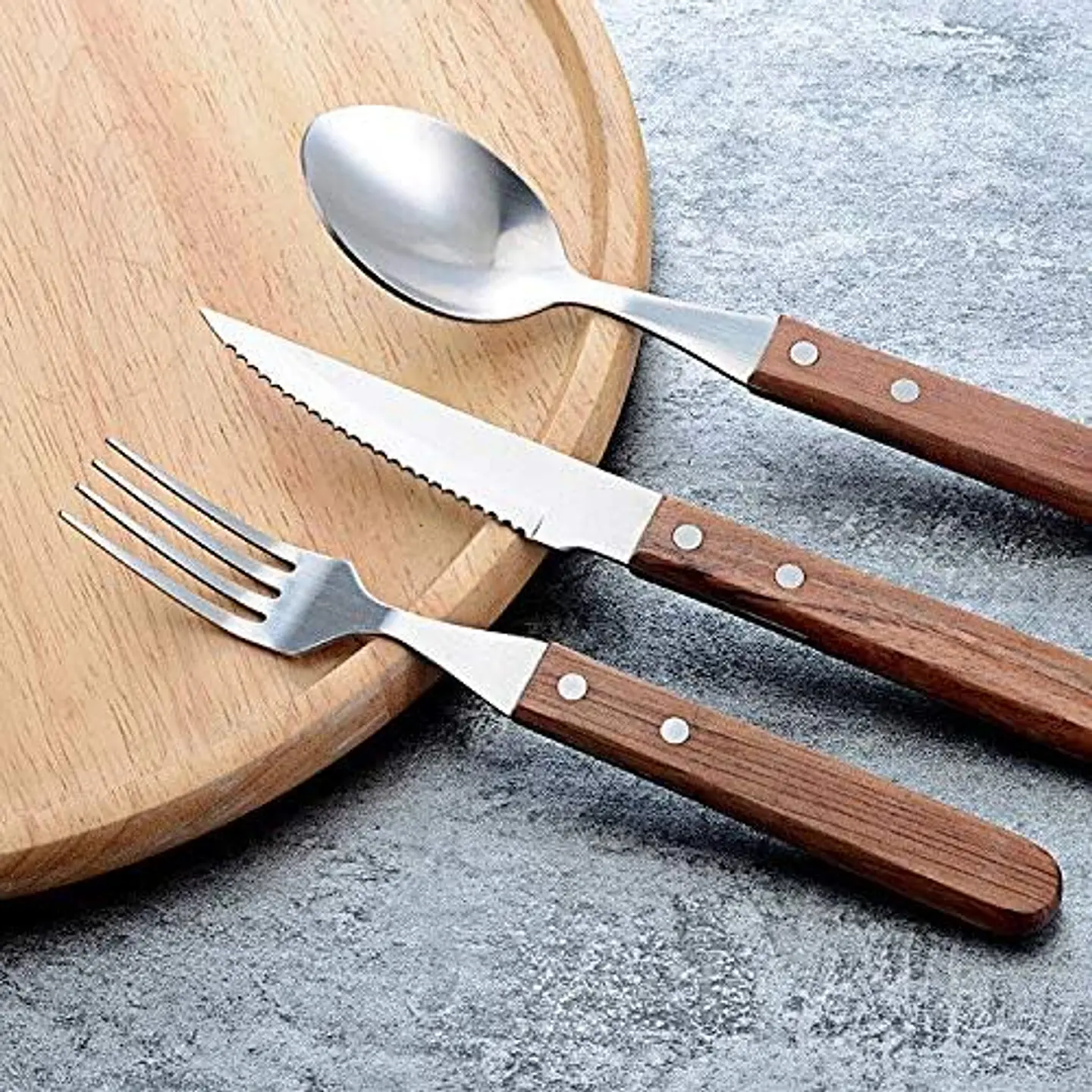 SET DE 3 PIEZAS CUCHARA, TENEDOR Y CUCHILLO DE ACERO INODIDABLE MANGO DE MADERA- POR MAYOR 4