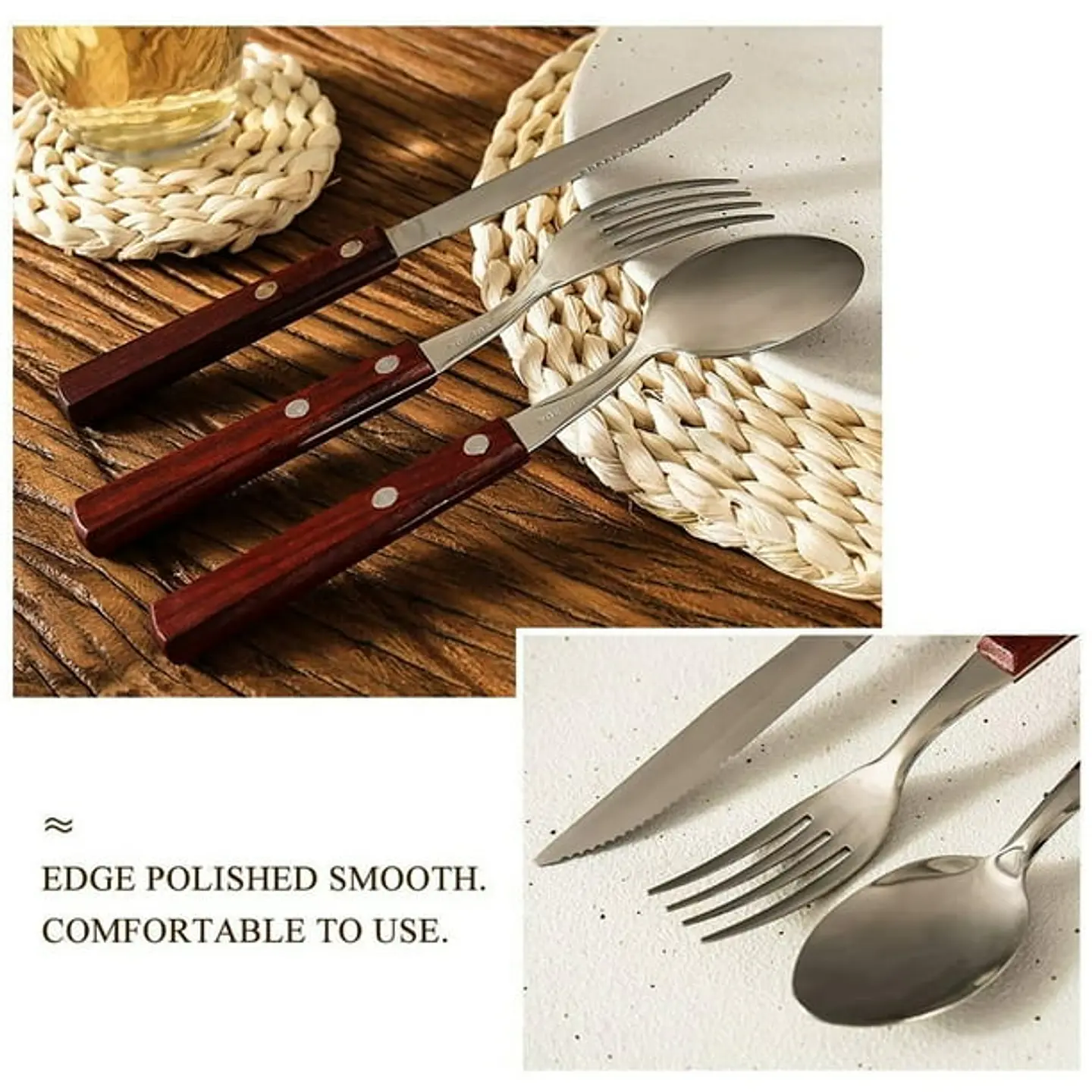 SET DE 3 PIEZAS CUCHARA, TENEDOR Y CUCHILLO DE ACERO INODIDABLE MANGO DE MADERA- POR MAYOR 6