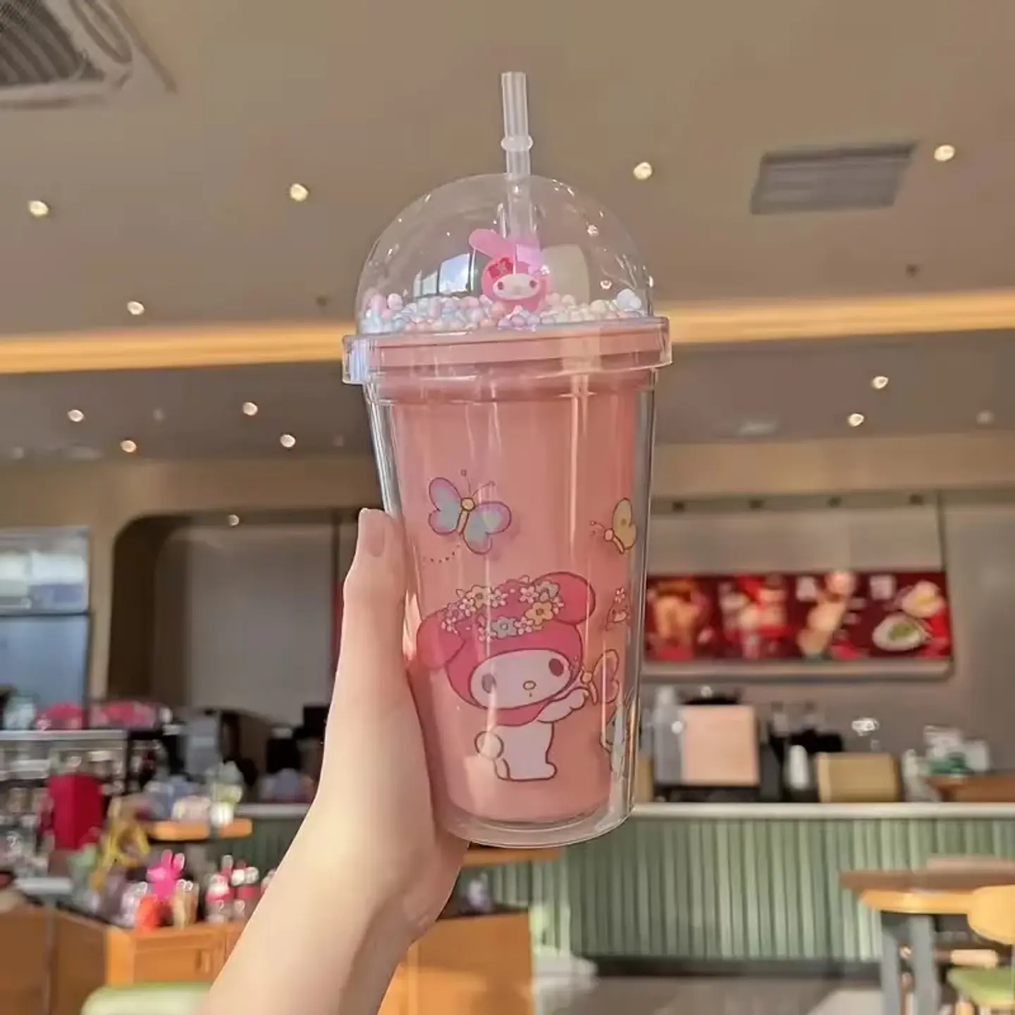 VASO ACRILICO MY MELODY CON MINI ESFERAS DE PLUMAVIT- POR MAYOR 1