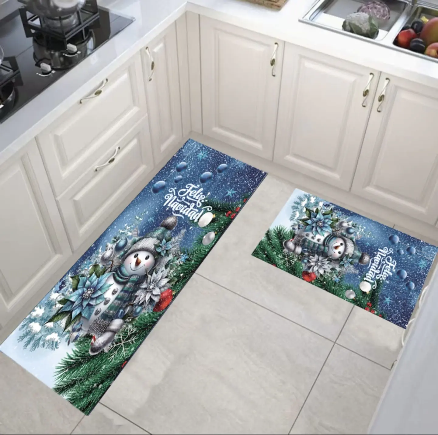 ALFOMBRA SET DE COCINA DOBLE 40x60CM + 40x120CM NAVIDAD CELESTE 2025- POR MAYOR 1