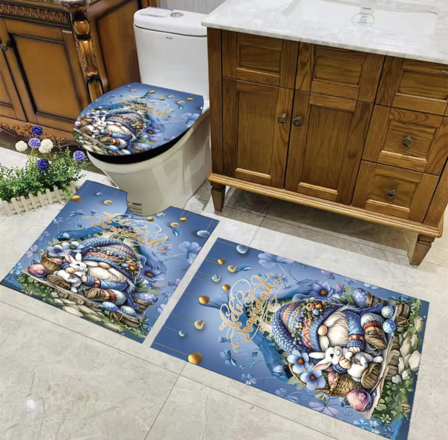 ALFOMBRA SET DE BAÑO DE 3 PIEZAS NAVIDAD CELESTE 2025- POR MAYOR 5