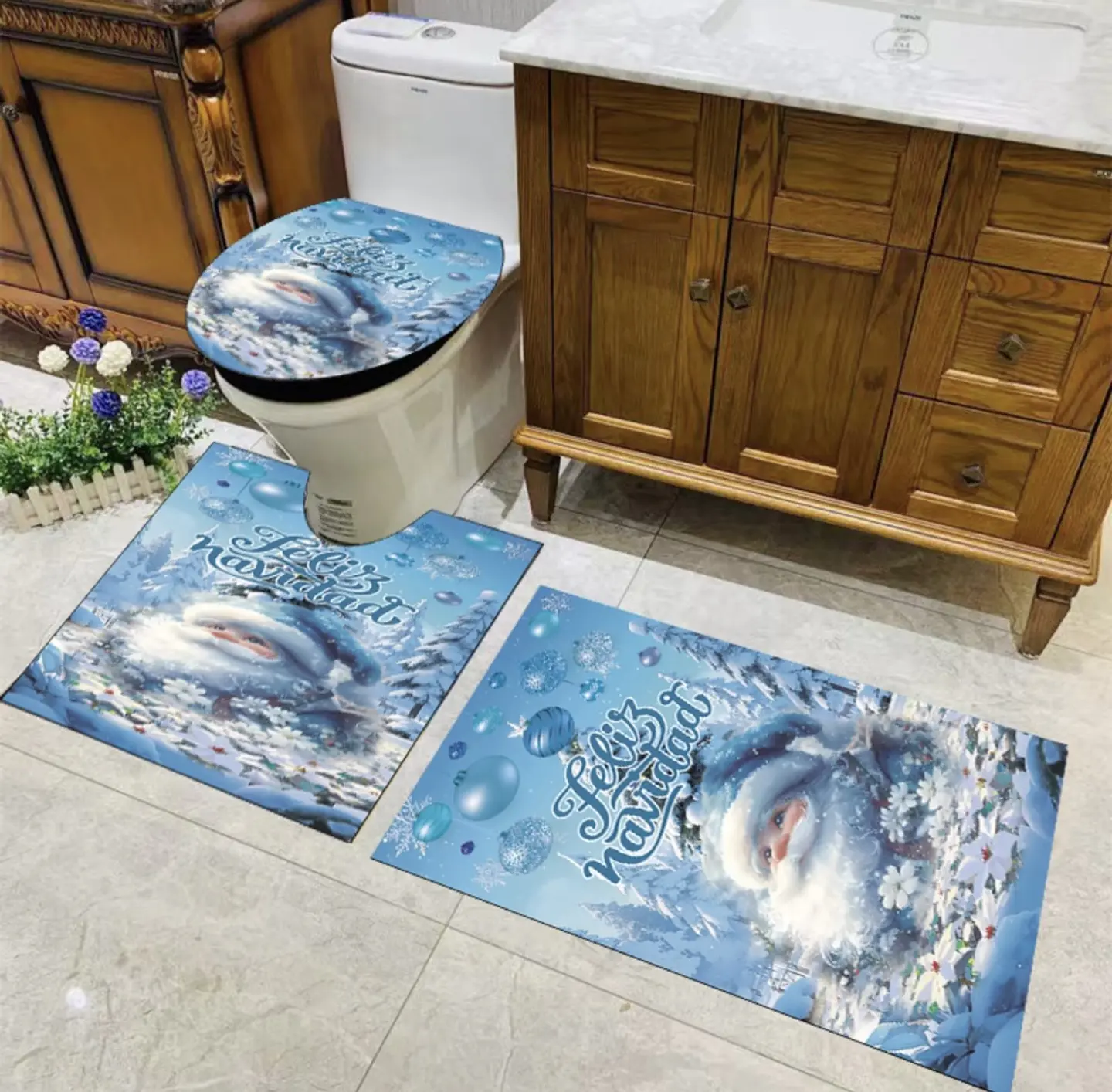 ALFOMBRA SET DE BAÑO DE 3 PIEZAS NAVIDAD CELESTE 2025- POR MAYOR 8
