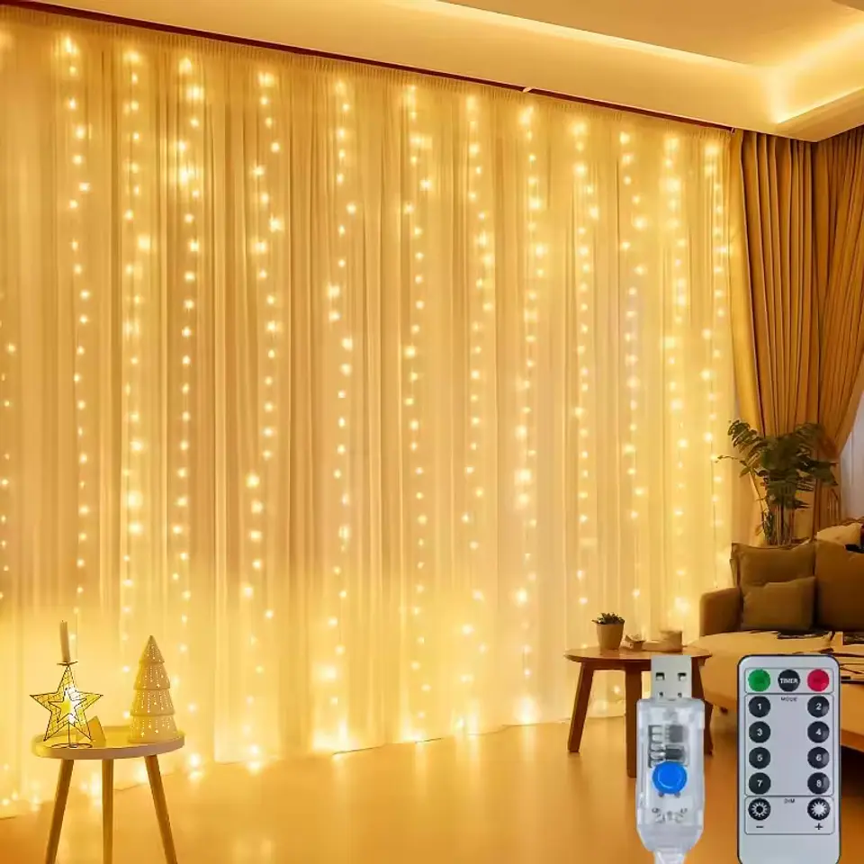CORTINA DE LUCES DE HADA 3x2METROS CÁLIDA CONEXIÓN USB REGULABLE CON CONTROL REMOTO EMPAQUE BOLSA- POR MAYOR 1