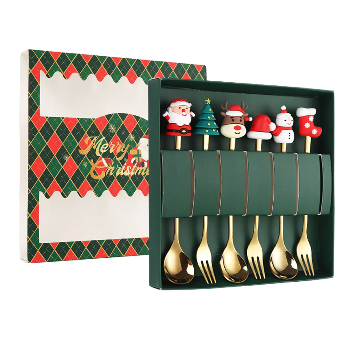 SET DE 6 CUBIERTOS DE ACERO DORADO NAVIDAD CON GOMA- POR MAYOR 11