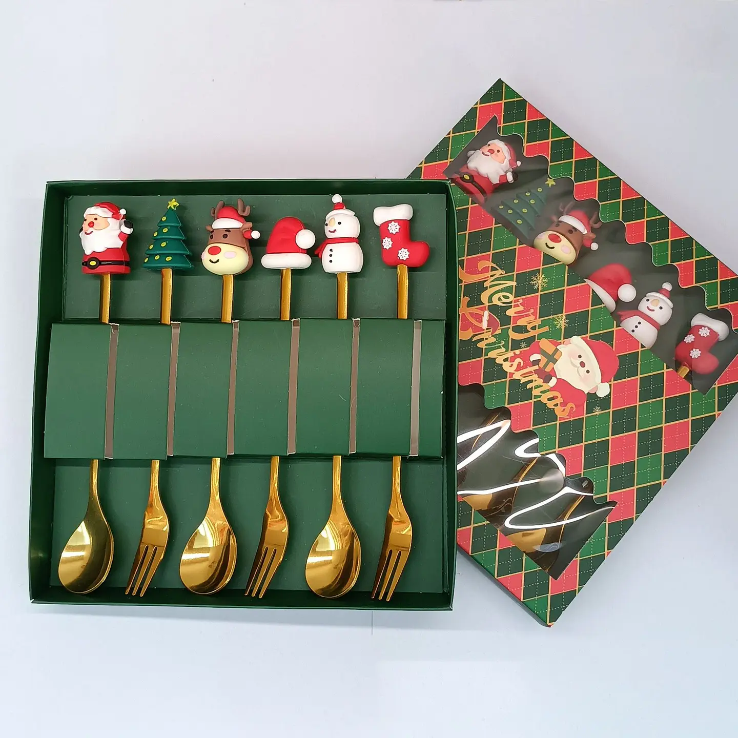 SET DE 6 CUBIERTOS DE ACERO DORADO NAVIDAD CON GOMA- POR MAYOR 9