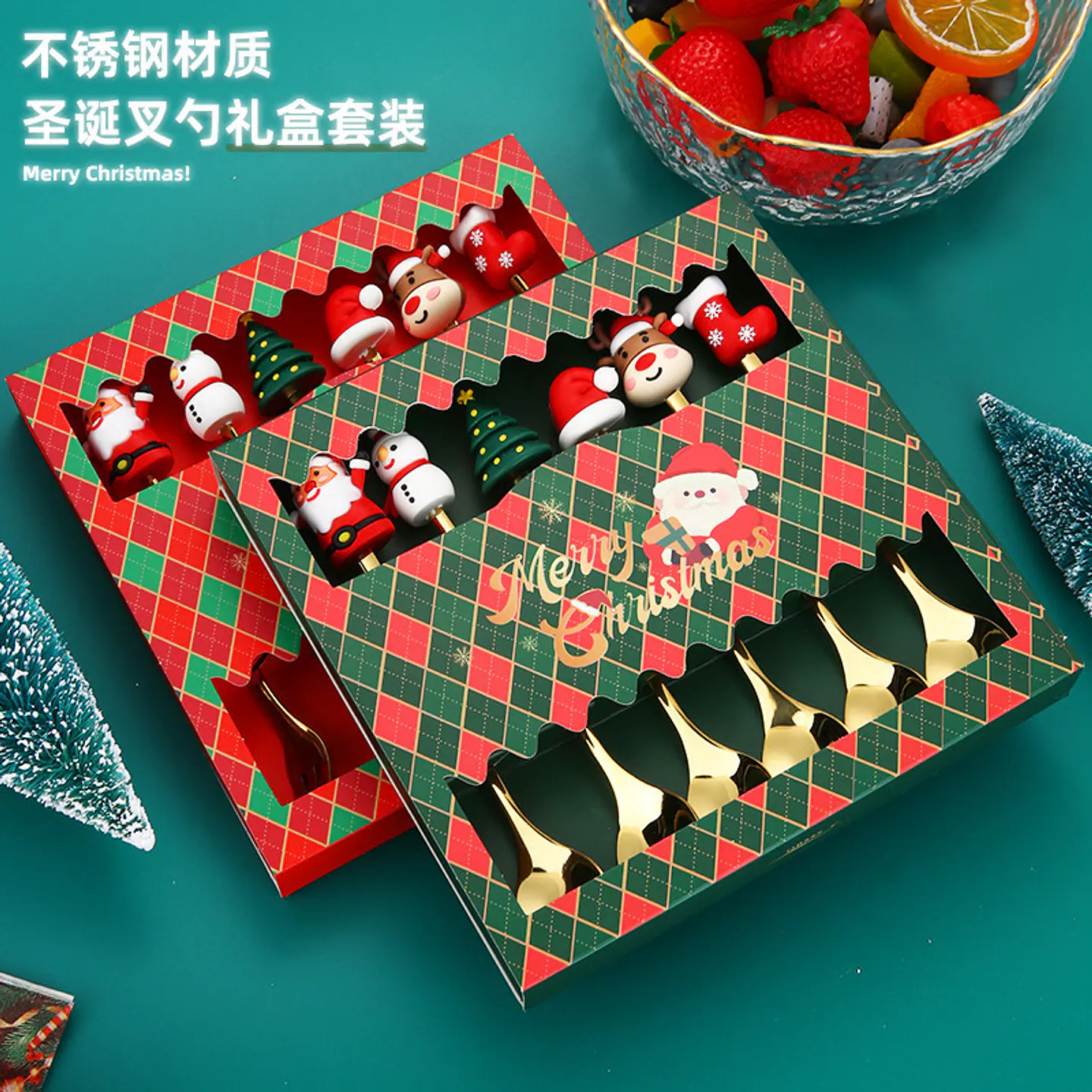 SET DE 6 CUBIERTOS DE ACERO DORADO NAVIDAD CON GOMA- POR MAYOR 7