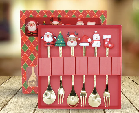 SET DE 6 CUBIERTOS DE ACERO DORADO NAVIDAD CON GOMA- POR MAYOR