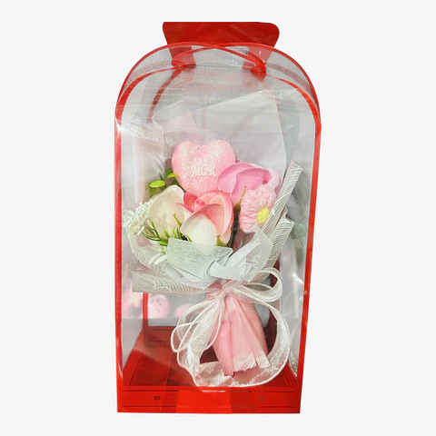 RAMO ROSAS CORAZON Y FLOR CROCHET EN CAJITA - POR MAYOR