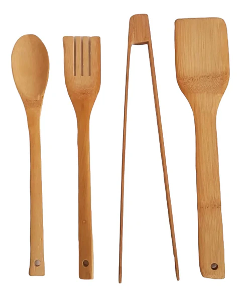 SET UTENSILIOS CON PINZA DE BAMBU EN MALLA BLANCA - POR MAYOR