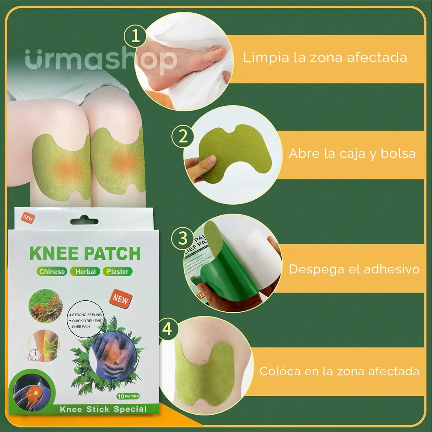 PARCHES PARA ELIMINAR ALIVIAR, CALMAR DOLORES DE RODILLAS KNEE PATCH CAJITA 10 UNDS- POR MAYOR 10