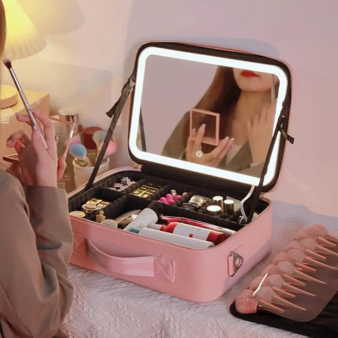 MALETÍN ORGANIZADOR DE MAQUILLAJE PORTÁTIL CON ESPEJO LED- POR MAYOR