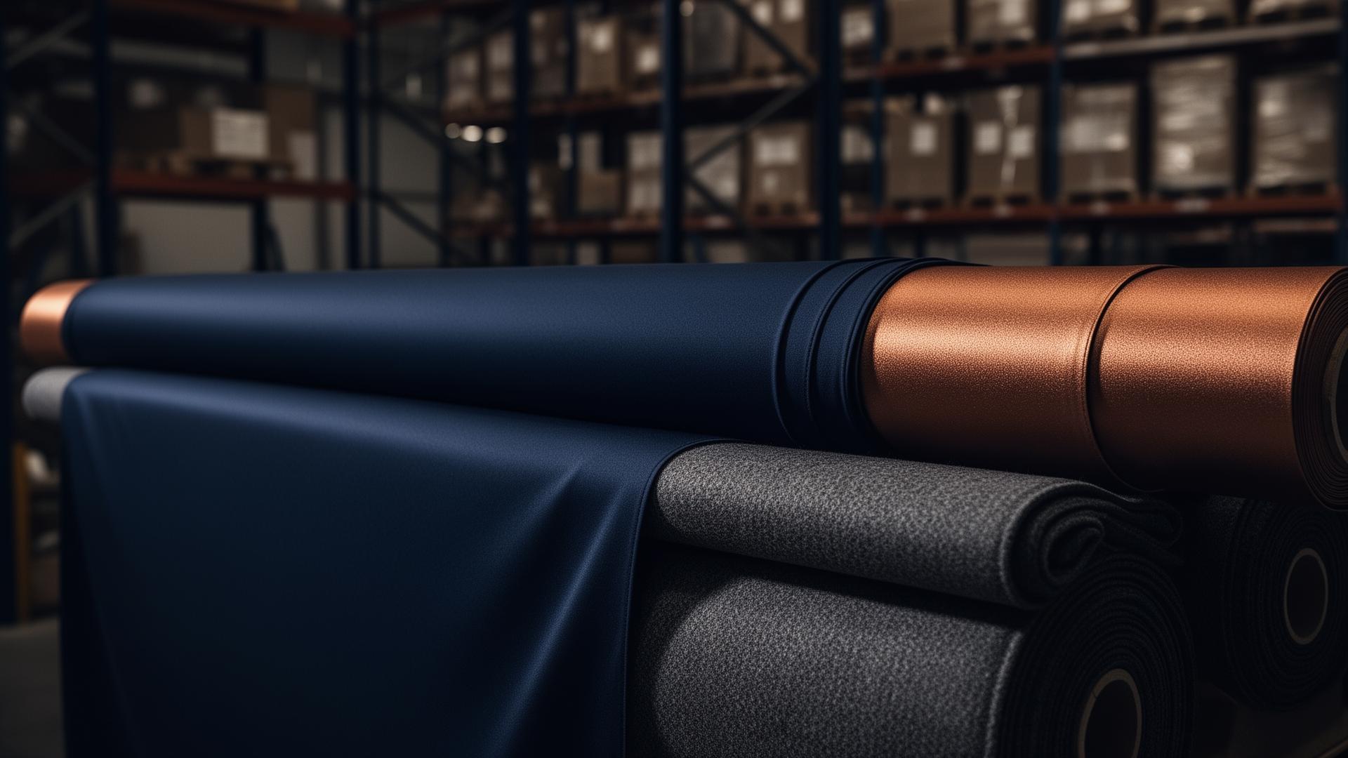 Rollos de tela premium en bodega de importación