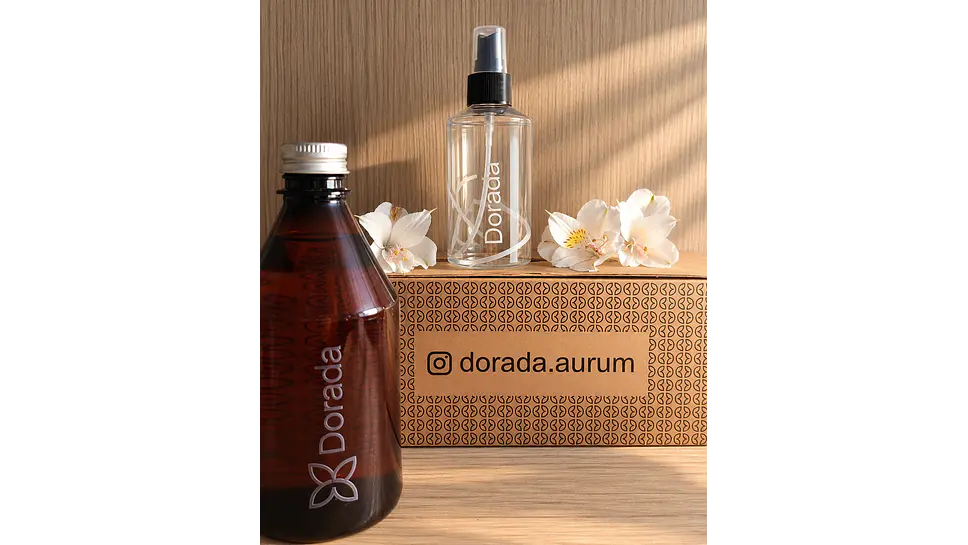 Box Regalo DORADA® con recarga de perfume ambiental de 500 ml y envase spray reutilizable de regalo
